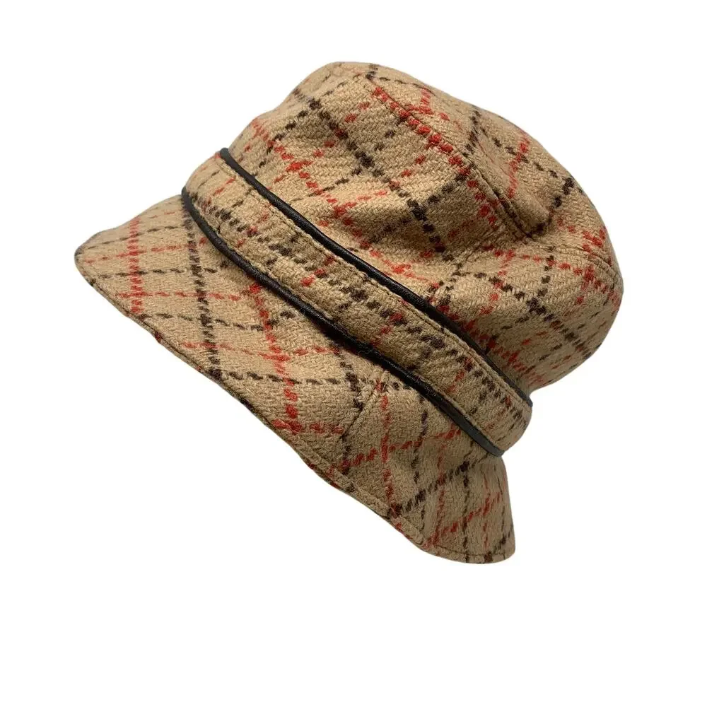 Y2K Coach Bucket Hat Womens Size M/L Tan Red Brown Plaid 100% Wool